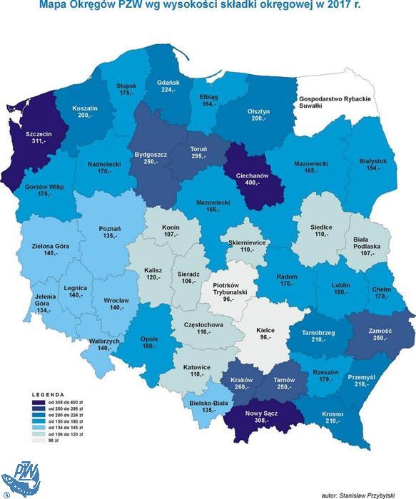 Mapa Okręgów PZW wg wysokości składki okręgowej 2017